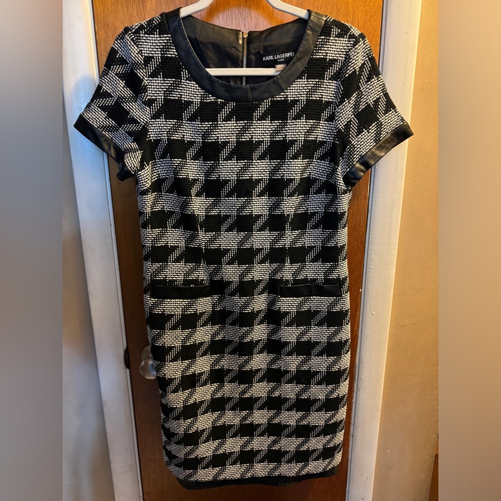 Karl Lagerfeld houndstooth cotton tweed leather trim dress size 10